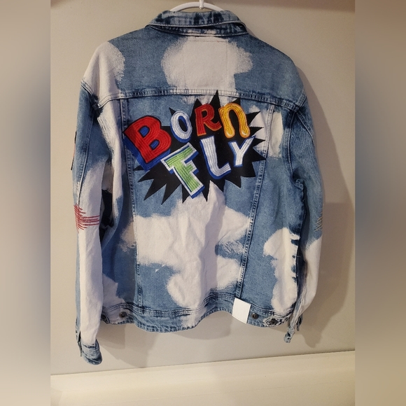 Born-Fly Distressed Embroidered Denim Jean Jacket Size XL - Picture 5 of 7